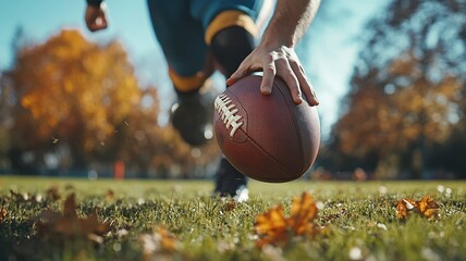 Low-angle close up view of a football player hiking a football during a football game. Focus on the ball and hands. Selective focus image. Unique view. generative ai