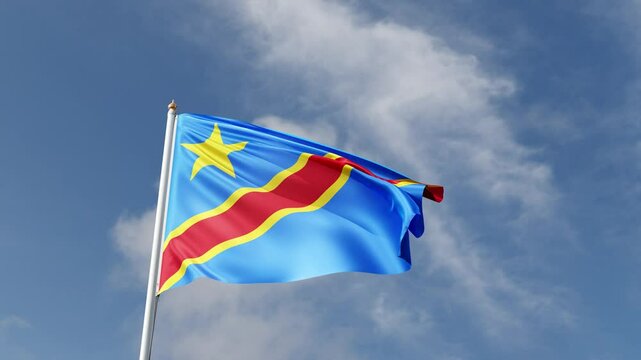 Flag of democratic republic of congo on a blue sky, flag on a flag pole waving in the wind, african country, national symbol of Congo, video of a flag	
