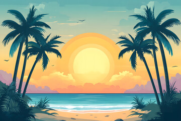 Obraz premium Tropical Sunset Beach Scene with Palm Trees and Vibrant Orange Sky
