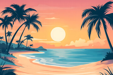 Obraz premium Tropical Sunset Beach Scene with Palm Trees and Vibrant Orange Sky