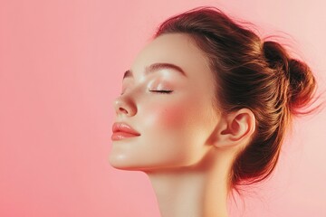 Fototapeta premium Studio, shine and joy of woman, beauty and treatment of skincare, soft and glow of body in results. Pink background, aesthetic and proud for skin, generative ai