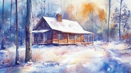 A cabin in the woods, covered in snow.