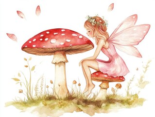 Fairy sitting on mushroom in a forest.