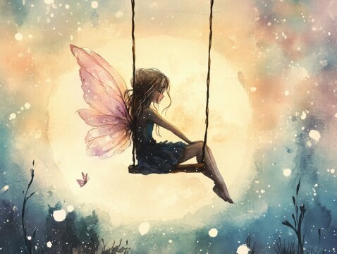 A fairy with wings swings on a rope swing under