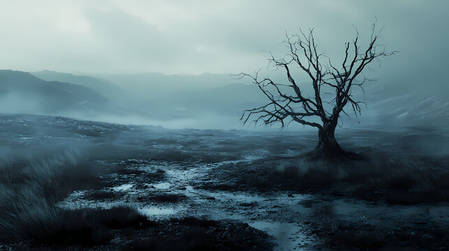 A desolate and eerie landscape that has little life. Eerie. Illustration