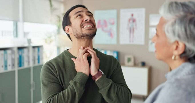 Sore throat, consultation and man by doctor in hospital for flu, cold or cough illness. Healthcare, sick and patient with medical worker for checkup with bacterial infection, laryngitis or allergies.