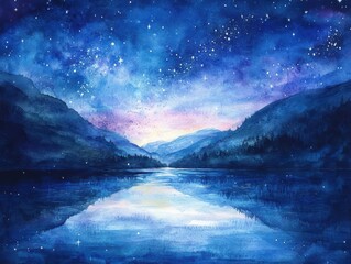 Night sky with stars reflected in a lake.