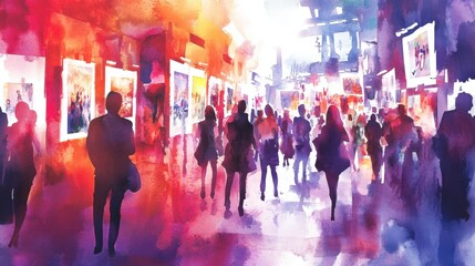 Silhouettes of people walking through art gallery.