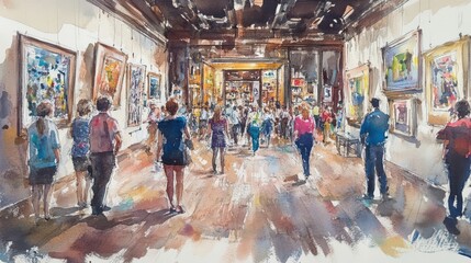 Obraz premium People in an art gallery looking at paintings.