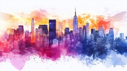 Fototapeta premium Watercolor painting of a city skyline.