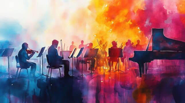 Watercolor painting of an orchestra playing.