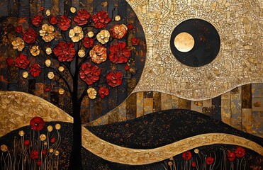 A whimsical autumn landscape illustration with bold shapes. 