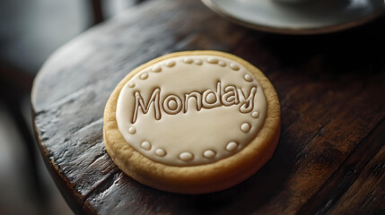 Cookie with "Monday" Text Icing on Rustic Table

