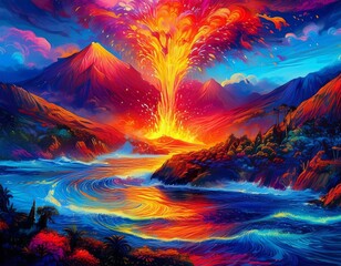 A volcanic eruption exploding at night on a small island.