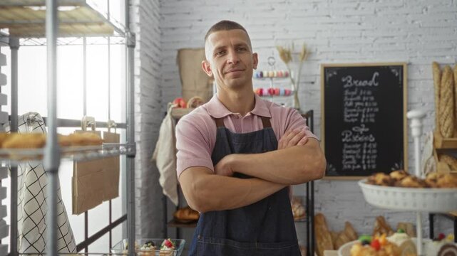 Young man standing in a bakery shop with crossed arms, wearing a pink shirt and dark apron, surrounded by bread and pastries on shelves and display counters