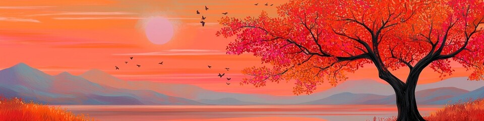 A whimsical autumn landscape illustration with bold shapes. 