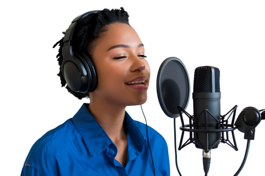 woman singing into a microphone while wearing headphones on transparent background - Powered by Adobe