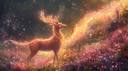 A mystical creature in a flowery meadow, with a magical aura surrounding it. Mystical. Illustration