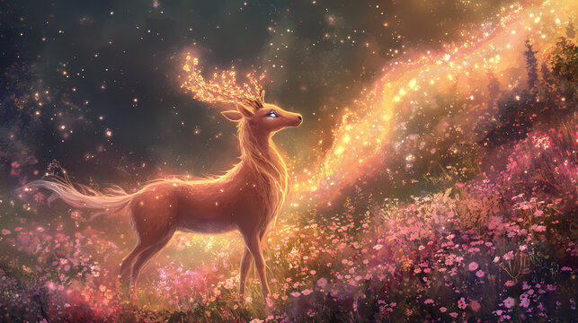 A mystical creature in a flowery meadow, with a magical aura surrounding it. Mystical. Illustration