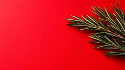 Minimal christmas background with copy space featuring a rosemary sprig on a red surface