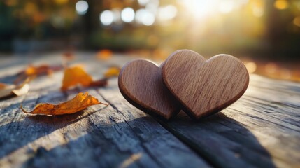Fototapeta premium Autumn Love - Wooden Heart with Fall Leaves