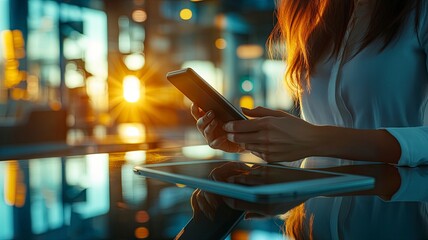 Close up, business woman using mobile smart phone on glass table with reflection and sunlight. Woman using smartphone during working at office with digital tablet on table, generative ai