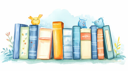 A watercolor clipart featuring a collection of babys first books with whimsical covers and illustrations peeking out. Whimsical. Illustration