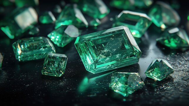Scattered emeralds glisten with vivid green hues and sharp edges, capturing the essence of luxury and opulence.