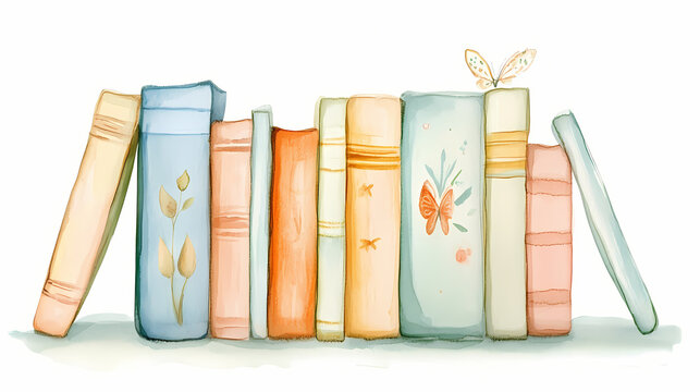 A watercolor clipart featuring a collection of babys first books with whimsical covers and illustrations peeking out. Whimsical. Illustration