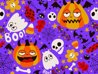 Halloween cute pumpkins seamless monsters pattern for wrapping paper and fabric