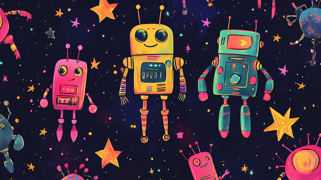 A whimsical space filled with colorful retro robots and stars. Whimsical. Illustration