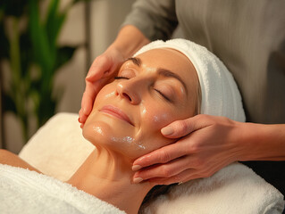 Woman in a spa getting face rejuvenation treatment