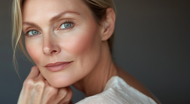 Beautiful mid age woman with beautiful skin. Anti age treatment ad, laser face rejuvenation