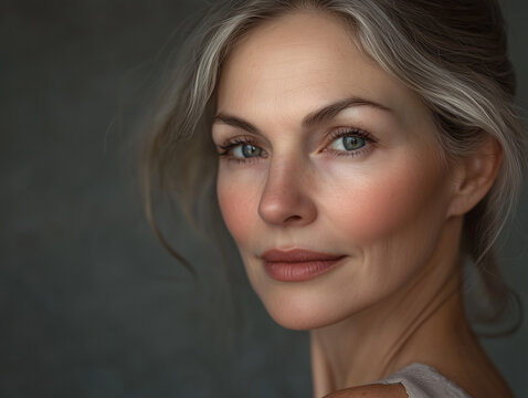Beautiful mid age woman with beautiful skin. Anti age treatment ad, laser face rejuvenation