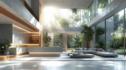 Fototapeta premium The lobby of a building with a sense of stability built to let in warm sunlight in the morning