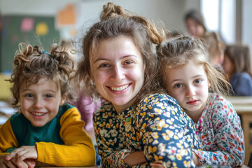 Fototapeta premium Happy kids and teacher at school. Woman and children are working in the class.