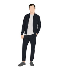 Vector illustration of a man in a black jacket, white t-shirt and black pants. Classic casual style