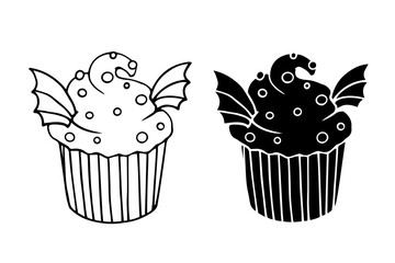 Line sketch,silhouette,stamp of creepy festive Halloween cupcakes. Vector graphics.