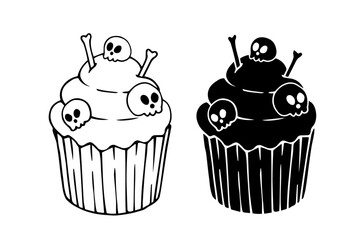 Line sketch,silhouette,stamp of creepy festive Halloween cupcakes. Vector graphics.