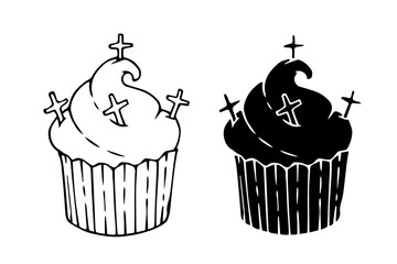 Line sketch,silhouette,stamp of creepy festive Halloween cupcakes. Vector graphics.