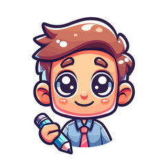 Obraz premium A cartoon boy is holding a pencil and smiling. He is wearing a blue shirt and a tie