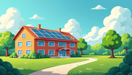 an illustration of a green school campus with solar panels, recycling programs, and eco-friendly playground equipment, promoting sustainability in education