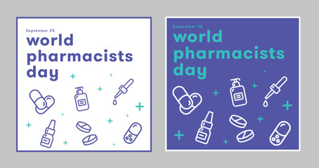 World Pharmacist Day greeting card with medical icon vector design template set. Hospital, Care, Health color. September 25