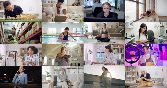 Professional, career and mosaic of people with diversity, connection or global platform for growth. Community, social network or collage of women in workplace with inclusion, equality and opportunity