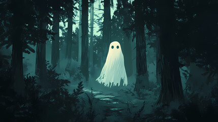 Ai generated illustration of a ghost in an eerie forest. Eerie. Illustration