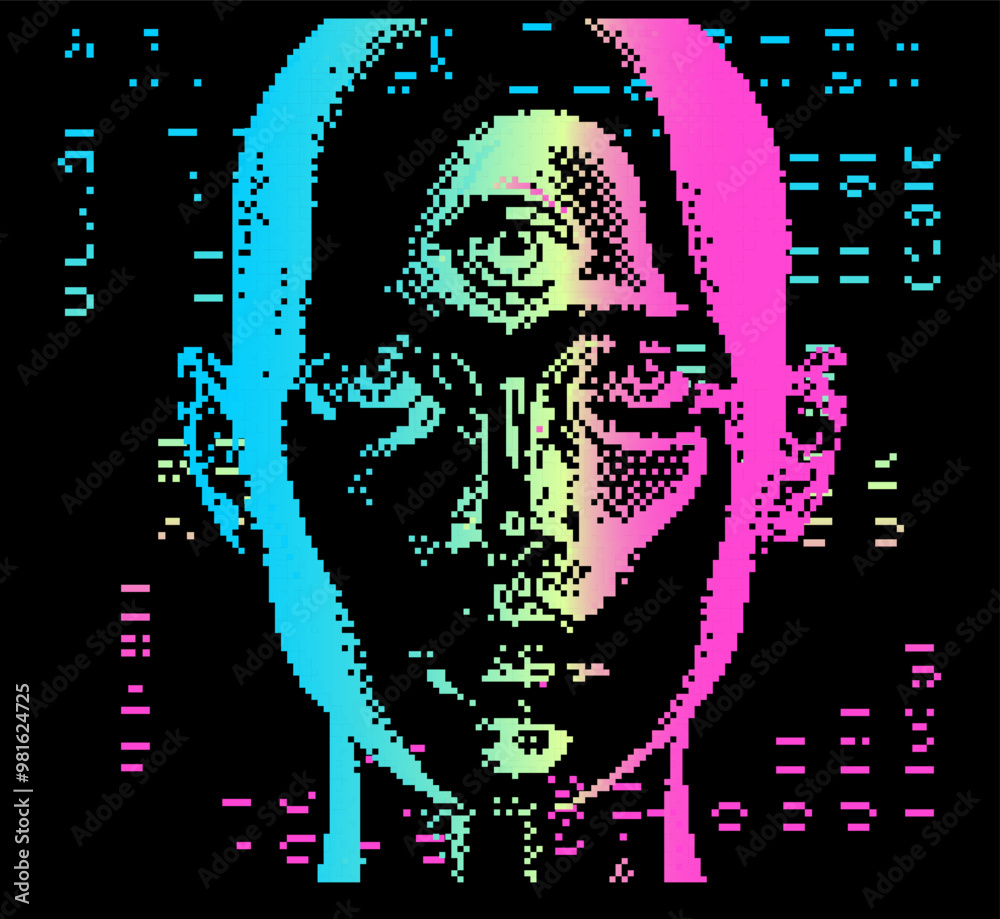 Poster a collage of pixelated head silhouette and visual glitches. conceptual illustration on the theme of 