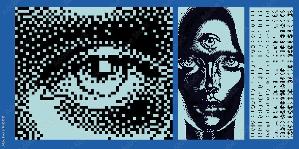 Poster a collage of pixelated head silhouette and visual glitches. conceptual illustration on the theme of 