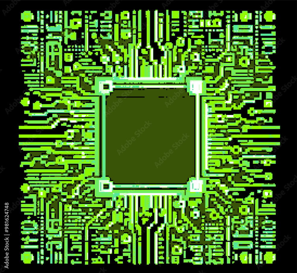 Poster pixelated illustration of a computer chip or circuit board, rendered in a dark green color palette.
