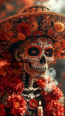 A skull decorated with face paint and wearing a hat next to candles and flowers for Day of the Dead. 
