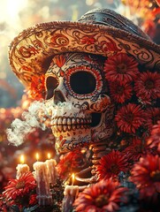 A skull decorated with face paint and wearing a hat next to candles and flowers for Day of the Dead. 